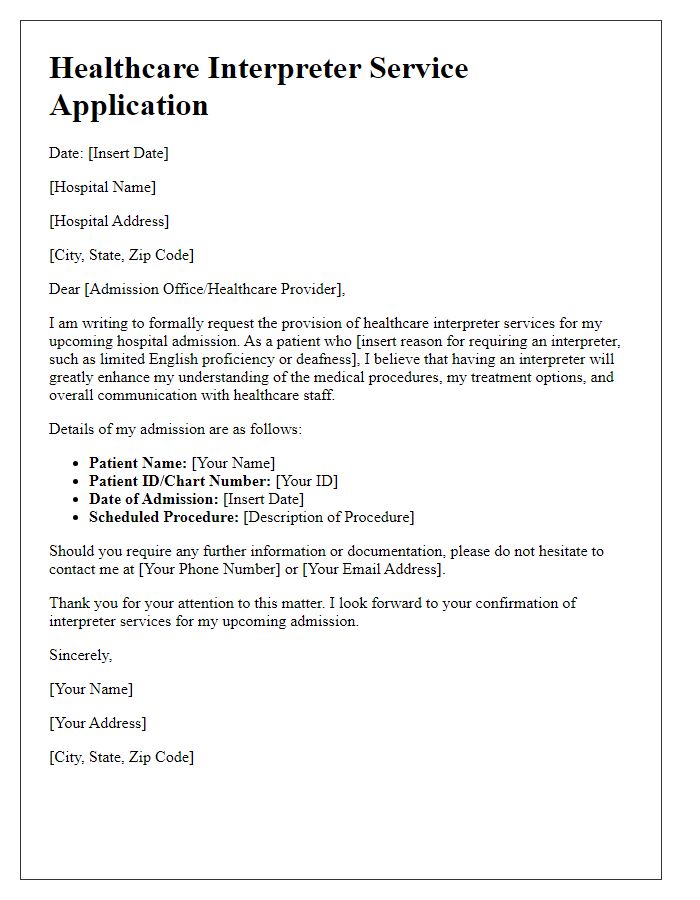 Letter template of healthcare interpreter service application for hospital admission