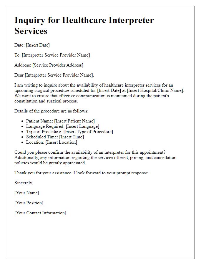 Letter template of healthcare interpreter service inquiry for surgical procedure