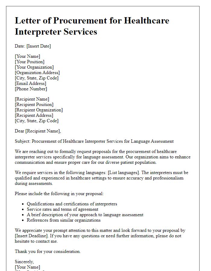 Letter template of healthcare interpreter service procurement for language assessment