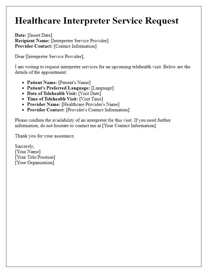 Letter template of healthcare interpreter service request for telehealth visit