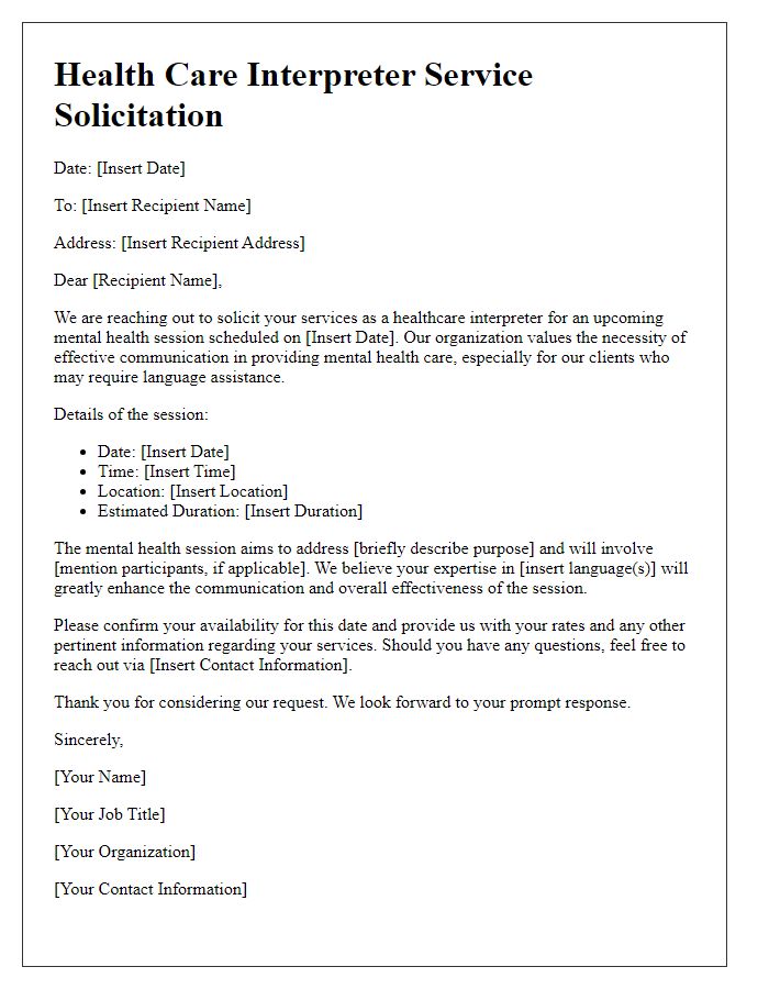 Letter template of healthcare interpreter service solicitation for mental health session