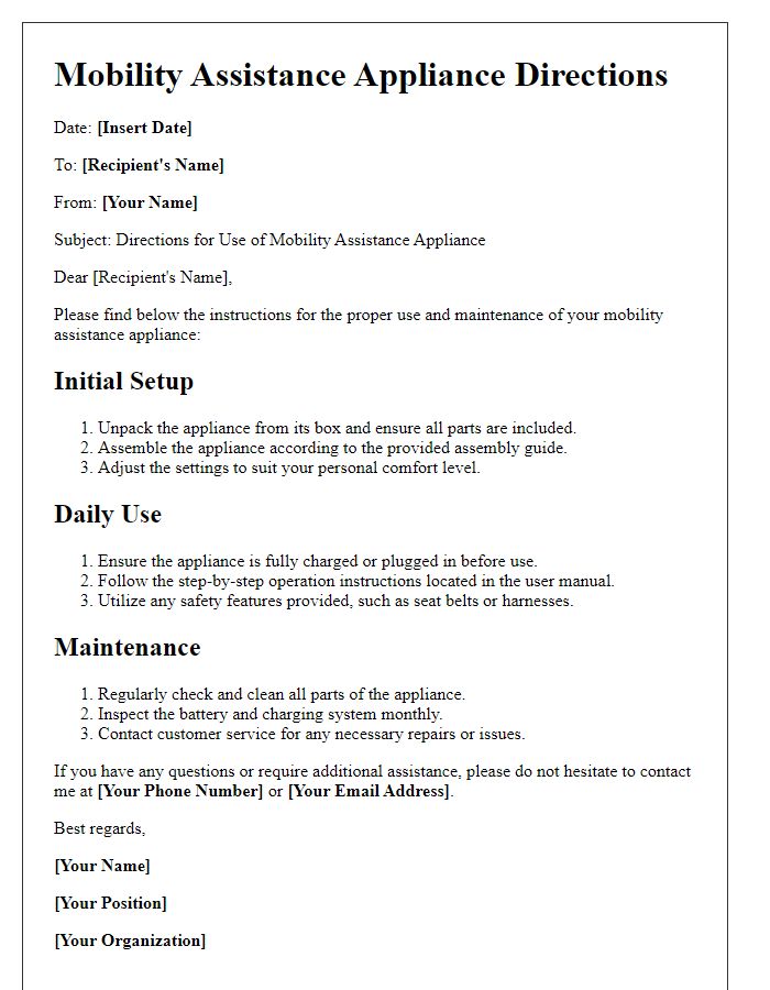 Letter template of mobility assistance appliance directions