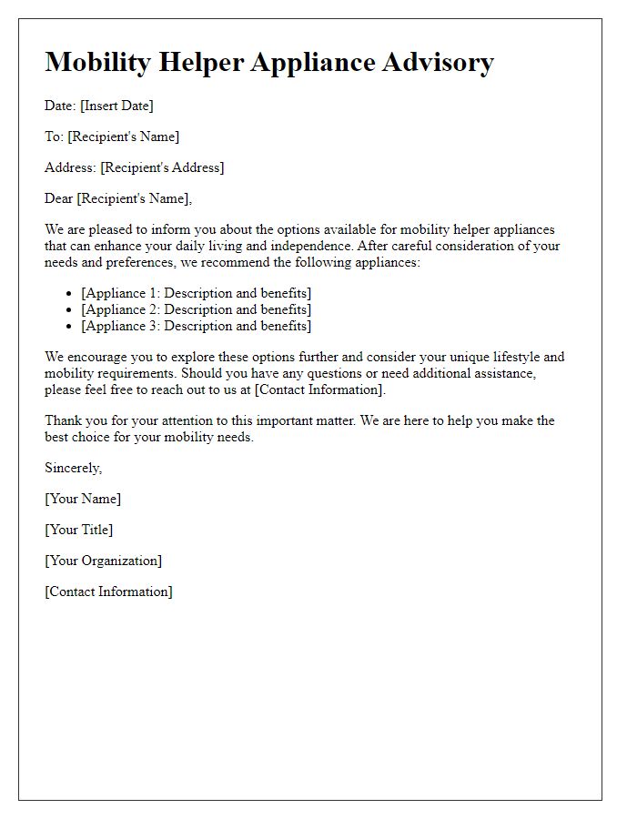 Letter template of mobility helper appliance advisory