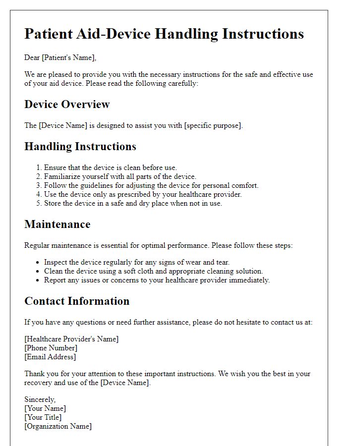 Letter template of patient aid-device handling instructions