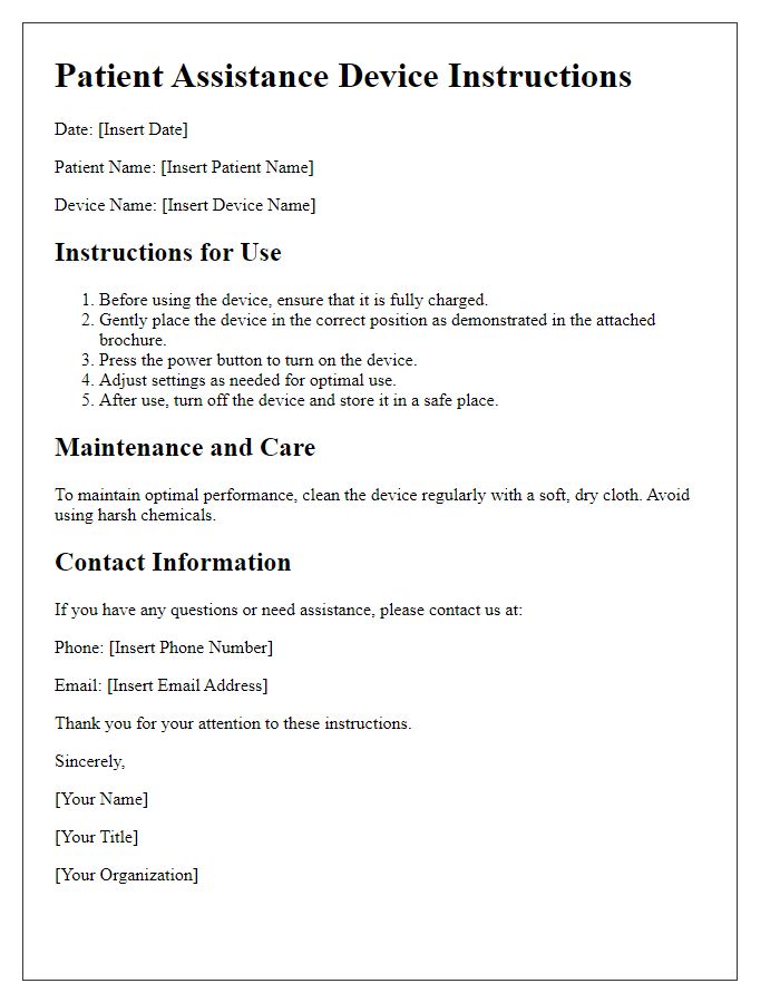 Letter template of patient assistance device instructions