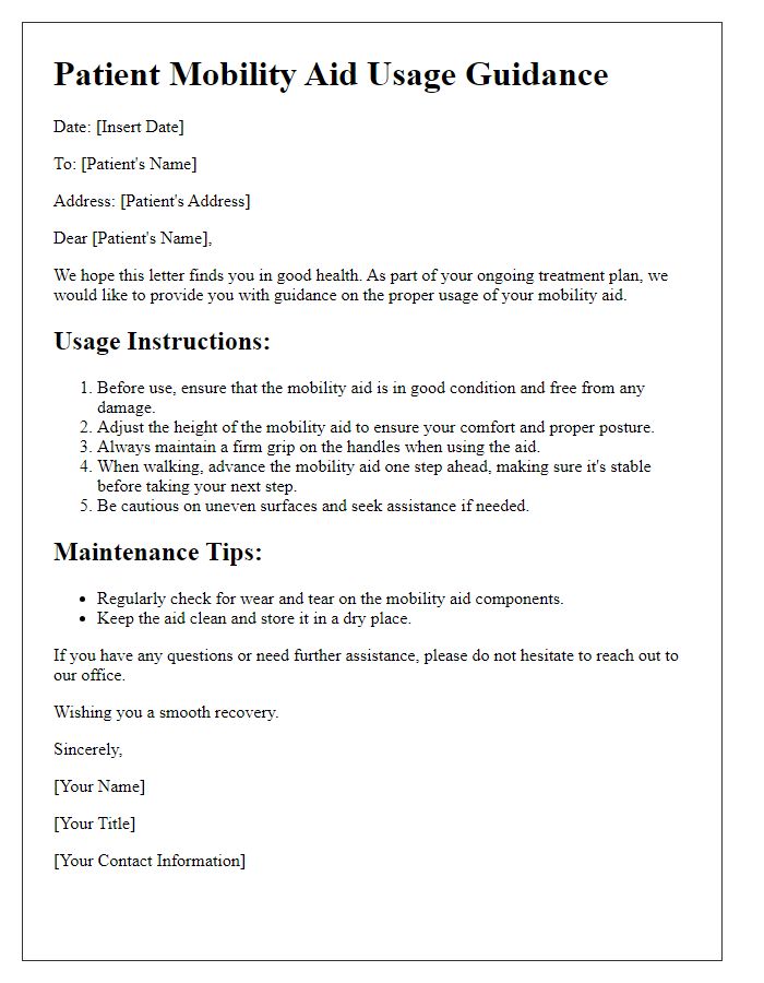 Letter template of patient mobility aid usage guidance