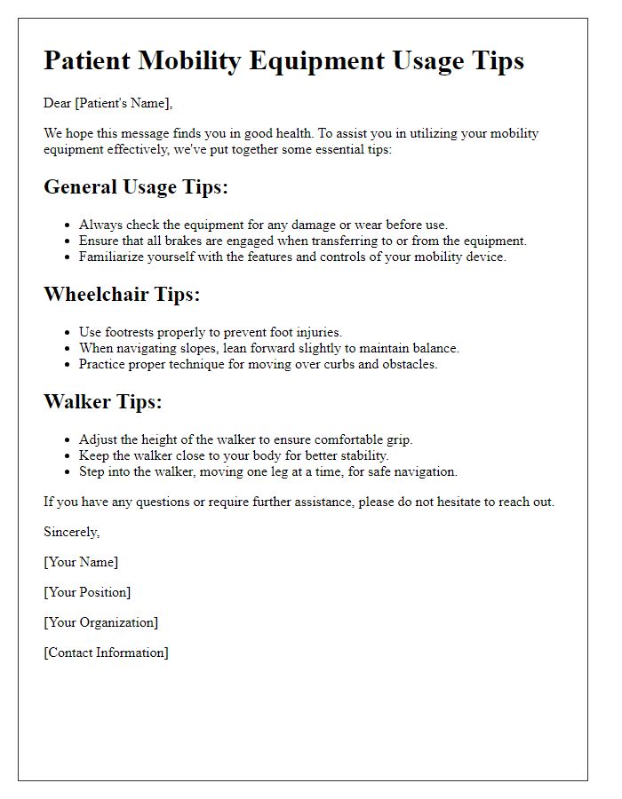 Letter template of patient mobility equipment usage tips