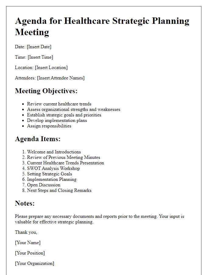 Letter template of agenda for healthcare strategic planning meeting