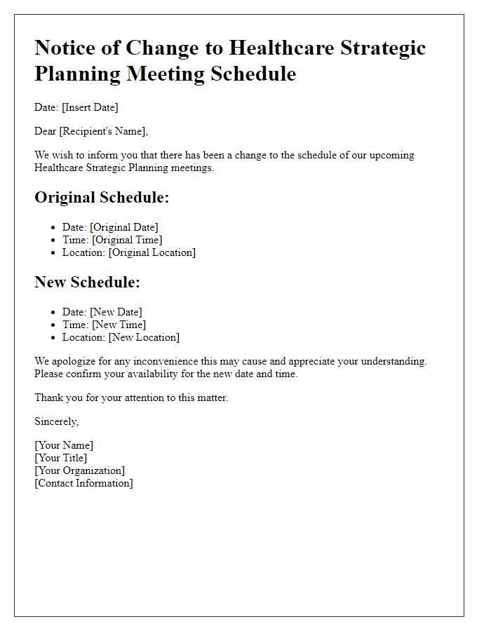 Letter template of changes to healthcare strategic planning meeting schedule