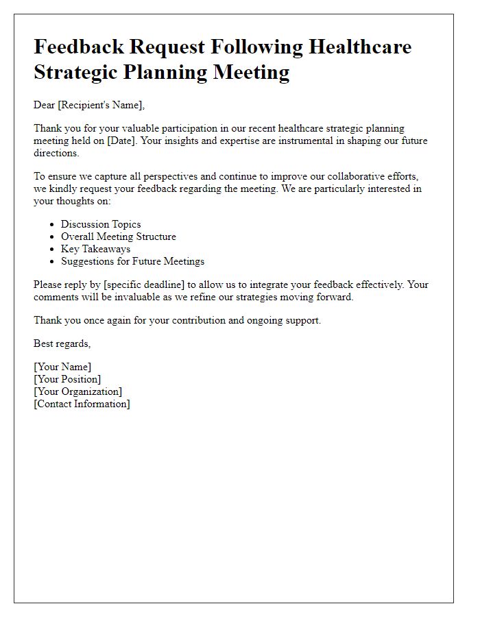 Letter template of feedback request after healthcare strategic planning meeting