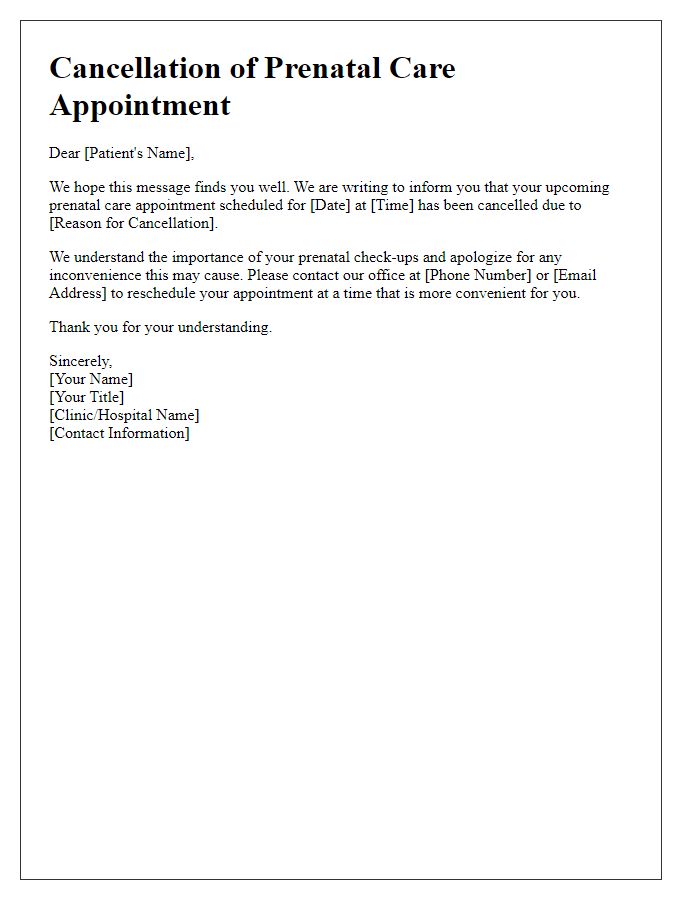 Letter template of prenatal care appointment cancellation