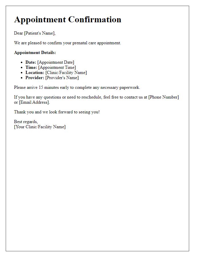 Letter template of prenatal care appointment confirmation