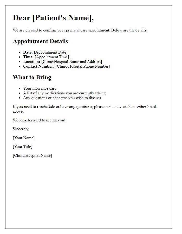 Letter template of prenatal care appointment details