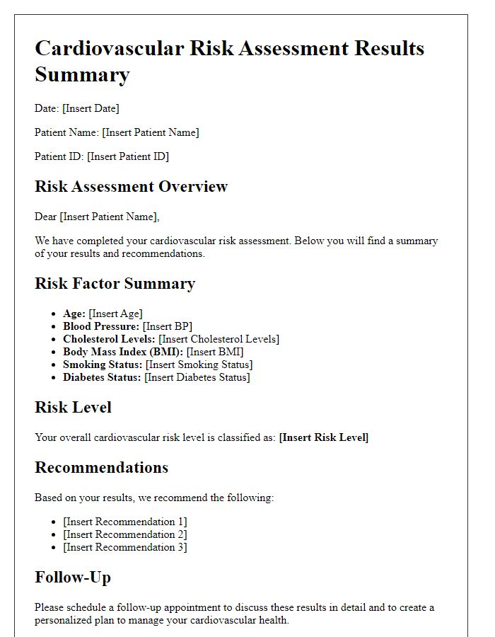 Letter template of cardiovascular risk assessment results summary