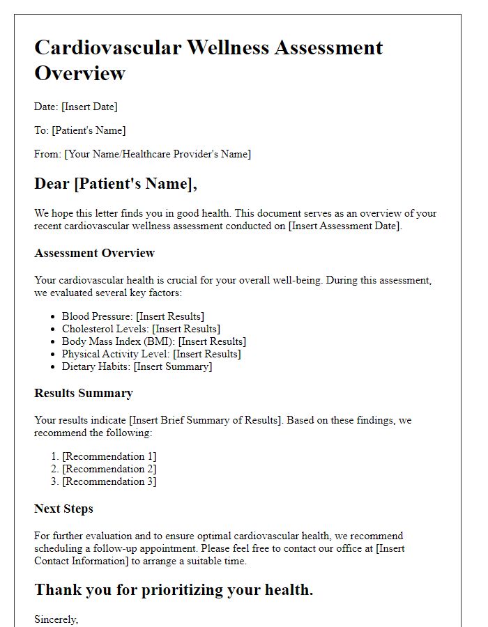 Letter template of cardiovascular wellness assessment overview