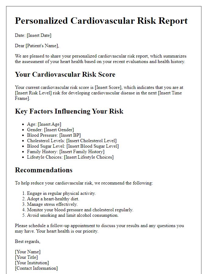 Letter template of personalized cardiovascular risk report