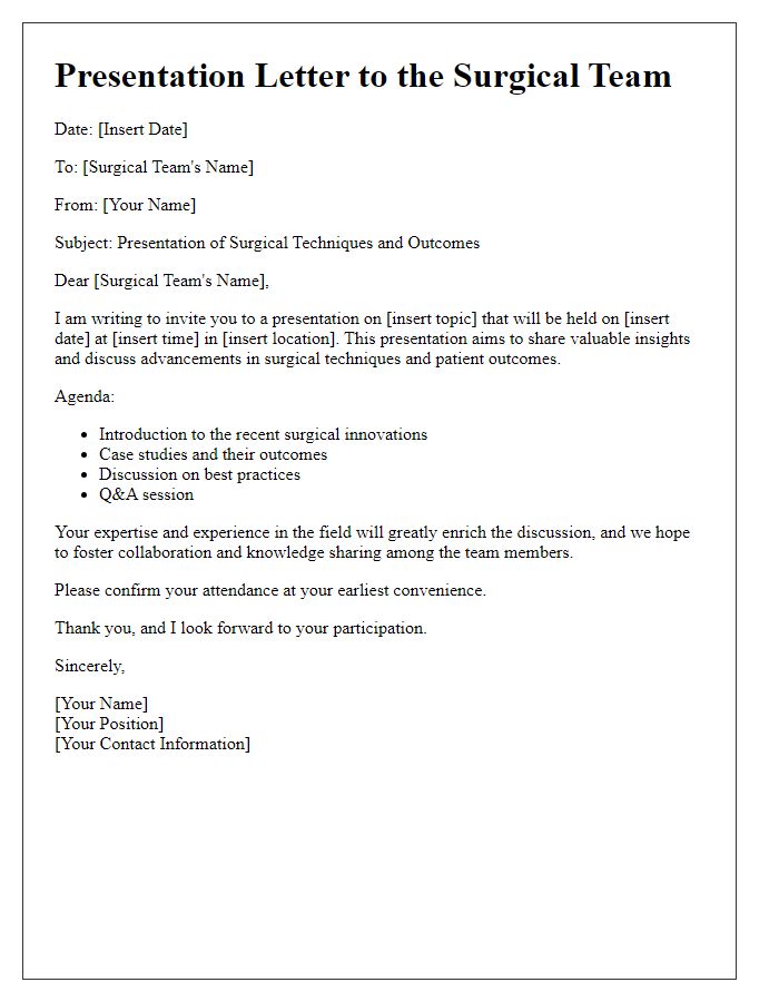 Letter template of presentation for the surgical team to the hospital.