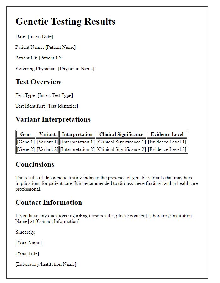 Letter template of genetic testing results detailing variant interpretations