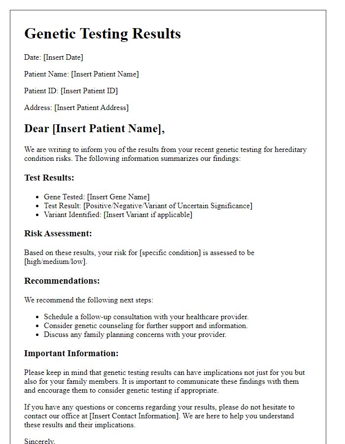 Letter template of genetic testing results for patients with hereditary condition risks