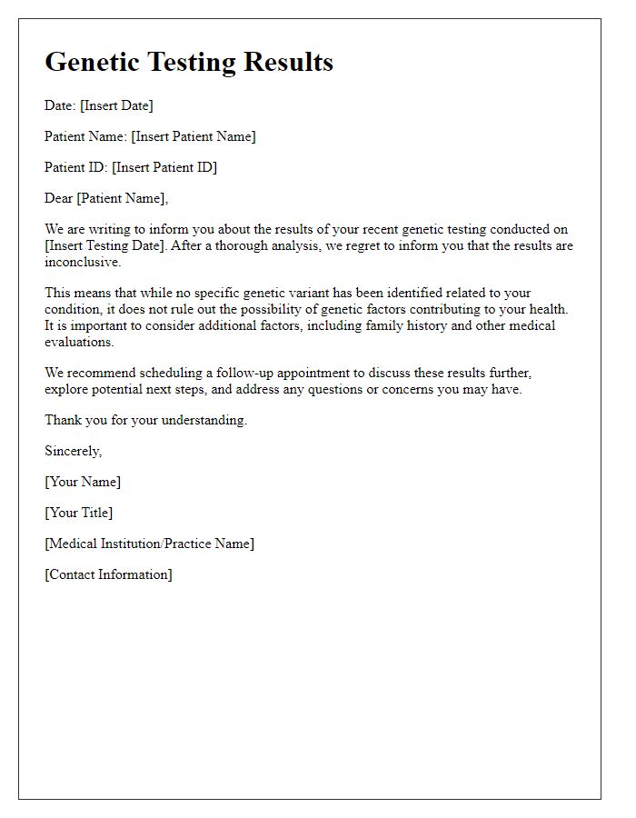 Letter template of genetic testing results for patients with inconclusive results