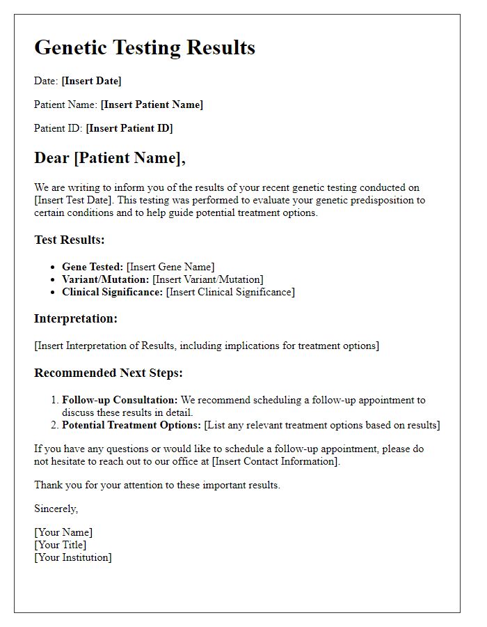 Letter template of genetic testing results for patients interested in treatment options