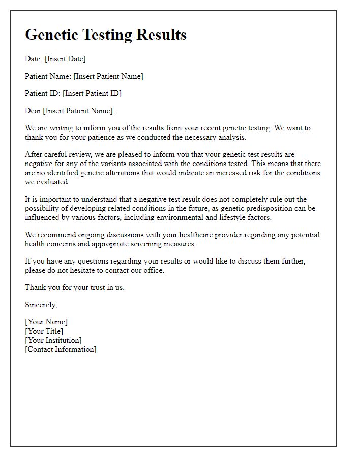 Letter template of genetic testing results for patients with negative findings