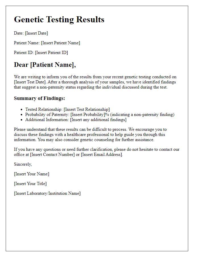 Letter template of genetic testing results for patients with non-paternity findings