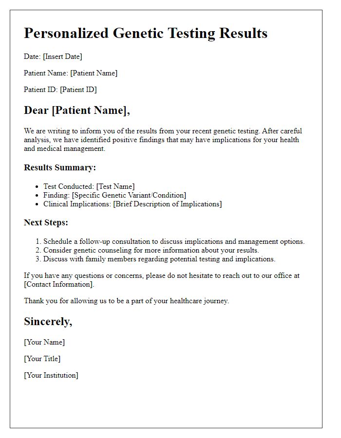 Letter template of genetic testing results for patients with positive findings