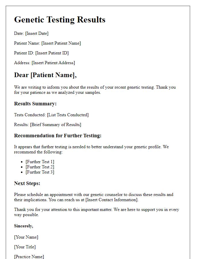 Letter template of genetic testing results for patients requiring further testing