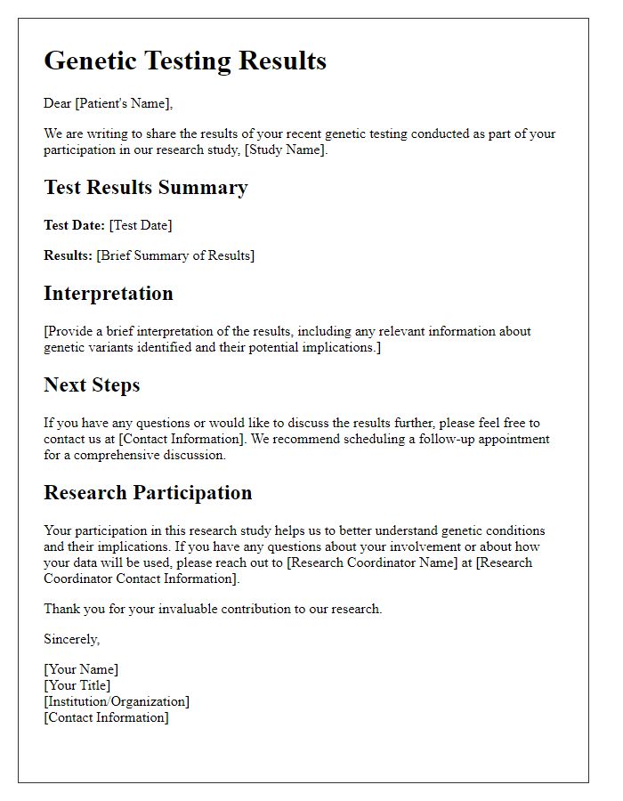 Letter template of genetic testing results for patients with research participation information