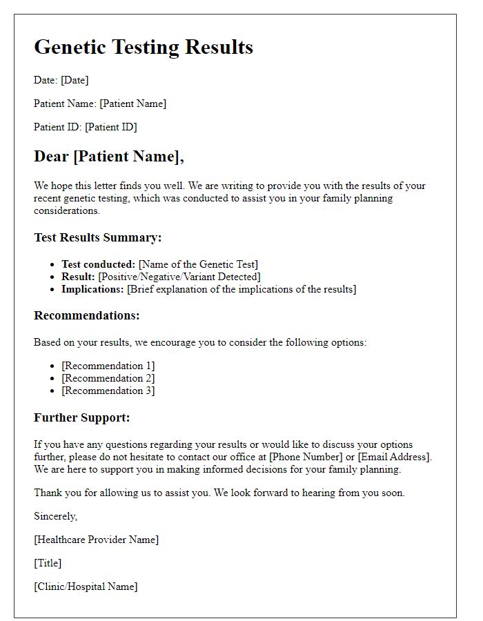 Letter template of genetic testing results for patients seeking family planning guidance