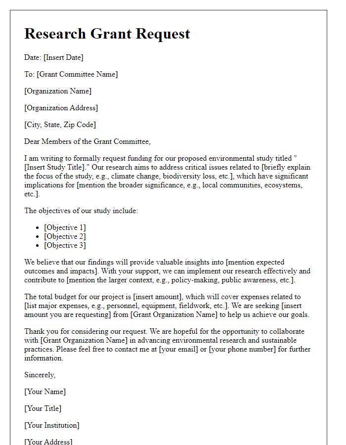 Letter template of research grant request for environmental study