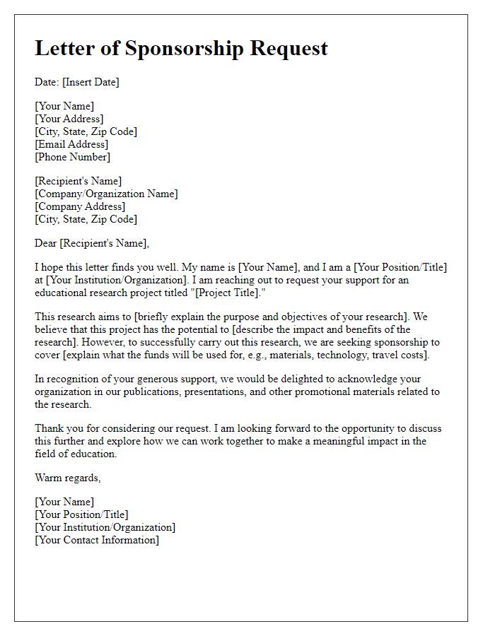 Letter template of sponsorship request for educational research