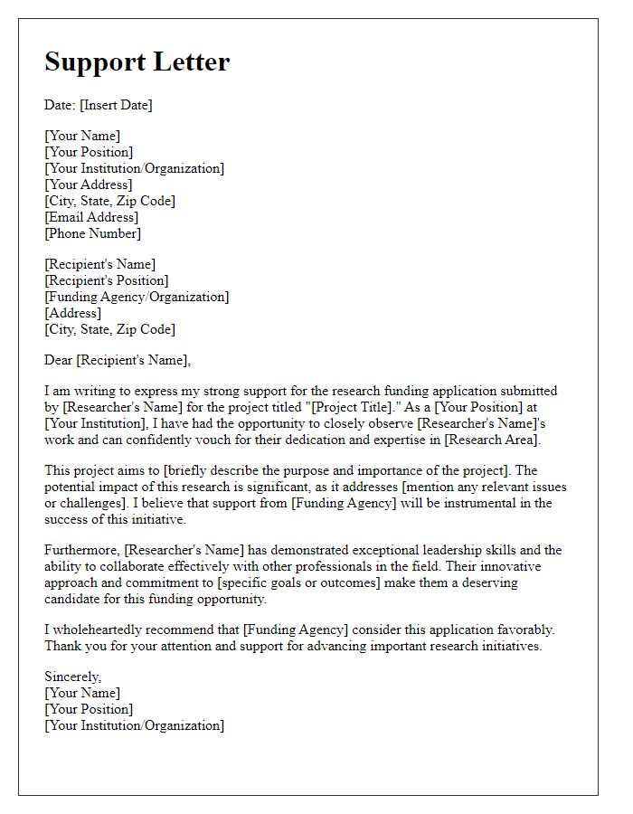 Letter template of support letter for research funding application