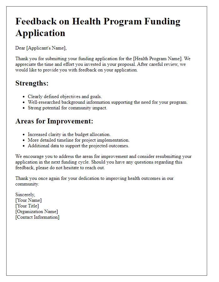 Letter template of health program funding application feedback