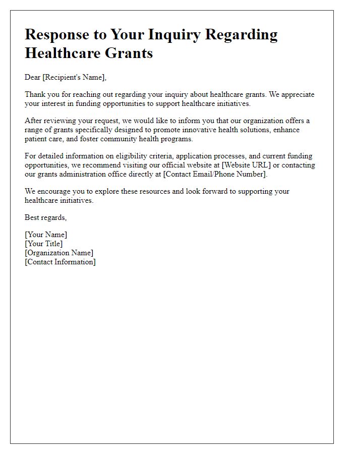 Letter template of healthcare grants inquiry response