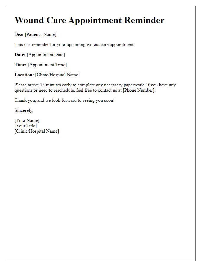 Letter template of patient wound care appointment reminder