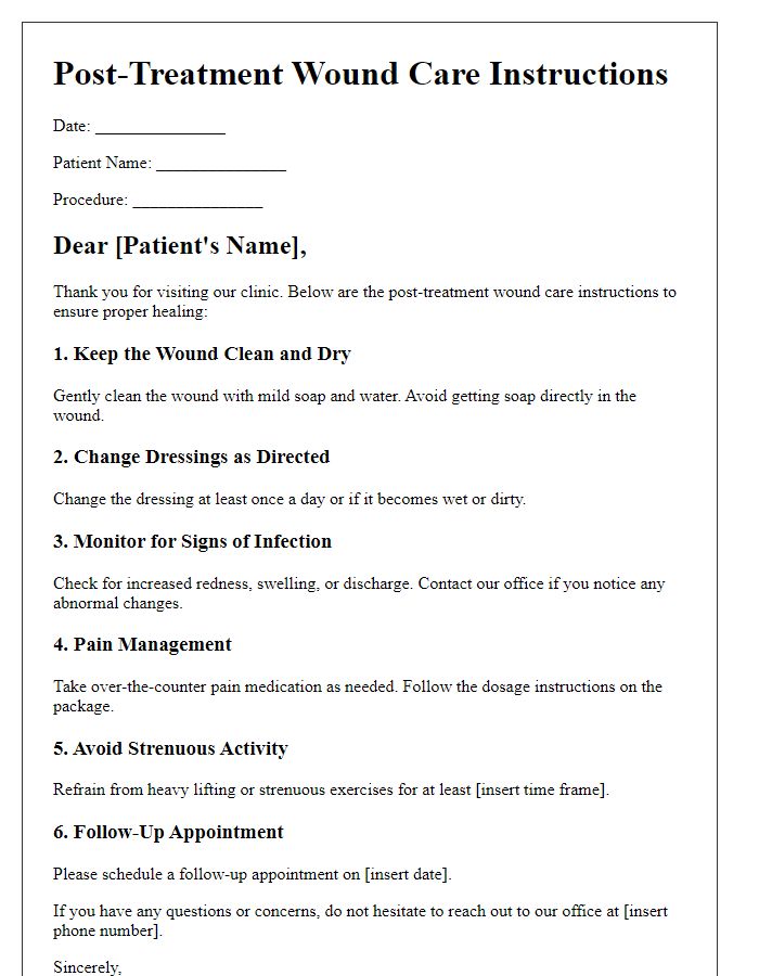 Letter template of post-treatment wound care instructions