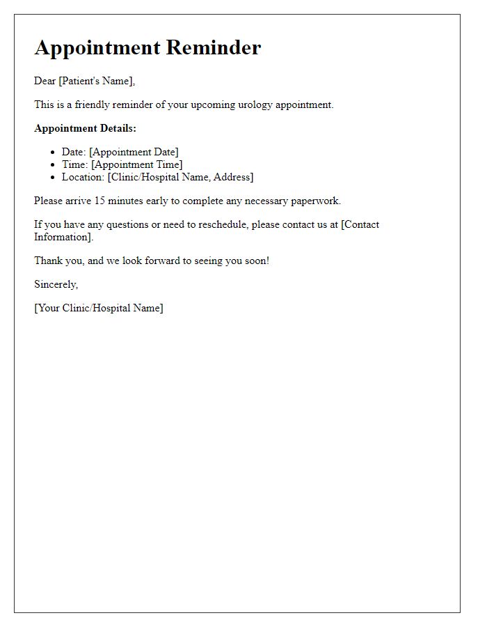 Letter template of urology appointment reminder