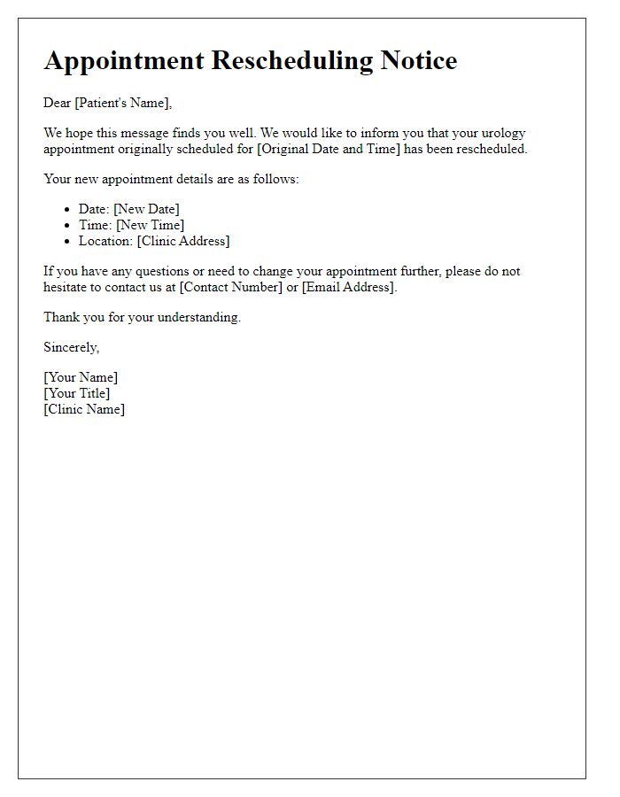 Letter template of urology appointment rescheduling