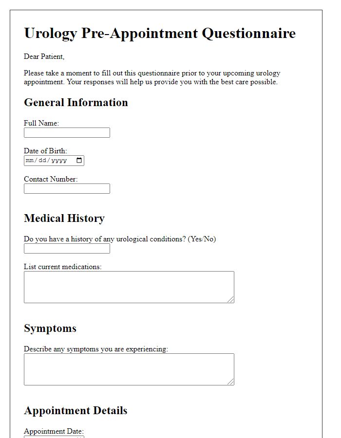 Letter template of urology pre-appointment questionnaire