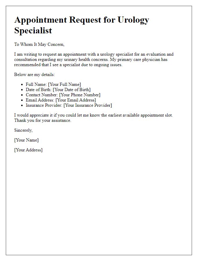 Letter template of urology specialist appointment request