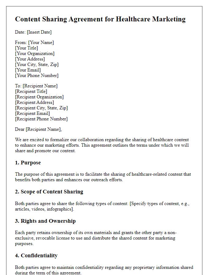 Letter template of content sharing agreement for healthcare marketing