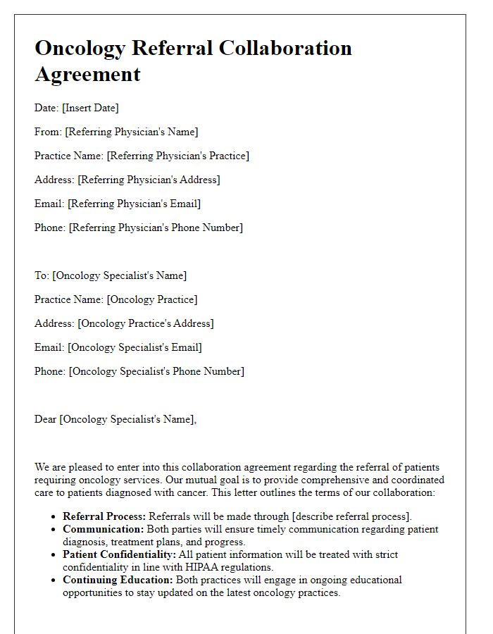 Letter template of oncology referral collaboration agreement