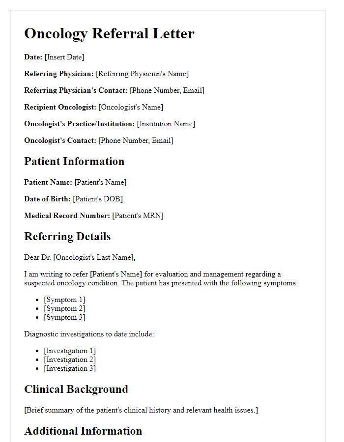 Letter template of oncology referral relationship establishment