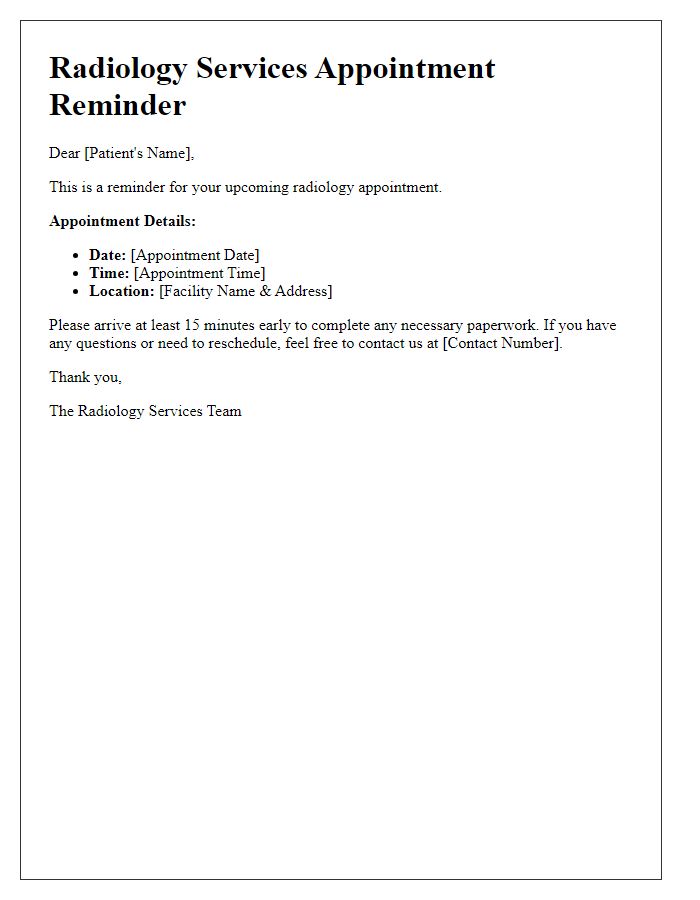 Letter template of radiology services appointment reminder