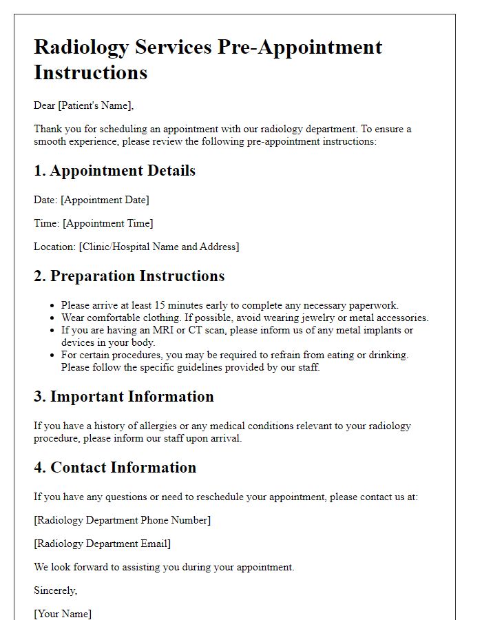 Letter template of radiology services pre-appointment instructions