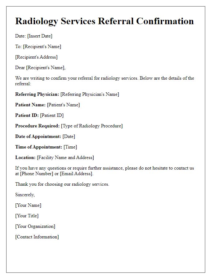 Letter template of radiology services referral confirmation