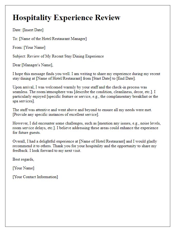 Letter template of hospitality experience review