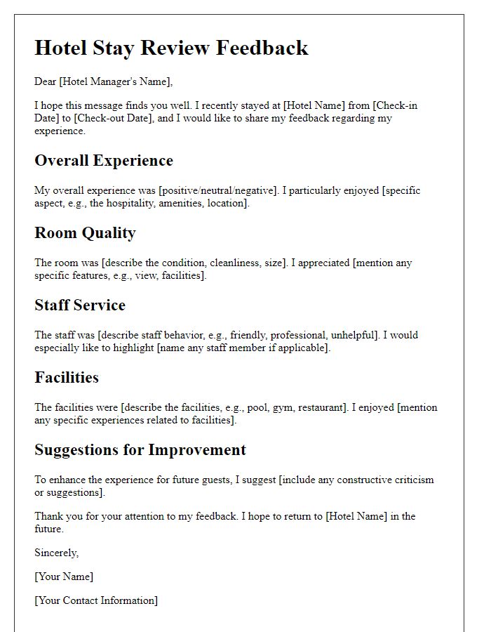 Letter template of hotel stay review feedback